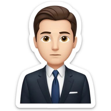 Caucasian man with slicked back brown hair, black suit, navy tie, elegant look standing  sticker