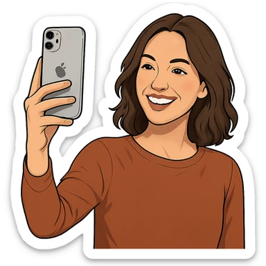 a woman holding up an iPhone to take a selfie, smiling, contemporary style, visible phone sticker