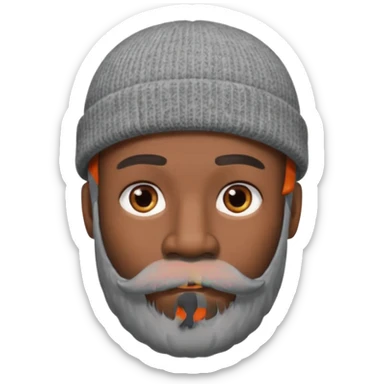 A dark-skinned man with a gray beanie, brown eyes, and a gray mustache and beard, wearing a calm expression. sticker