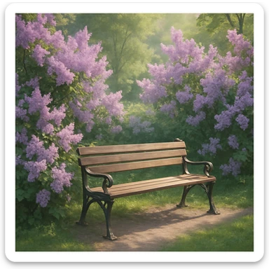 A park bench encircled by clusters of lilac blossoms, lush greenery, soft sunlight, peaceful setting sticker