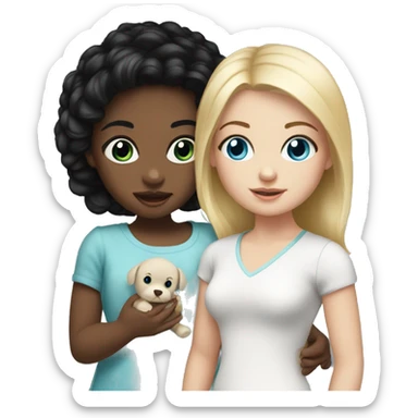 white Girl with black hair and blue eyes playing with baby doll sticker