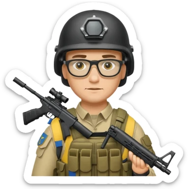 Ukrainian intelligance agency warrior man in platecarrier with nato riffle in helmet and glasses sticker