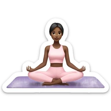Fair skin, black hair yoga beautiful girl in light pink clothes sitting on a yoga mat sticker