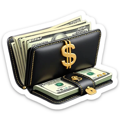Rich emoji style black leather wallet with dollar bills, luxury money vibe, premium 3D emoji, ultra clean, high detail, no background
 sticker