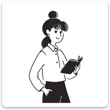 middle-aged science teacher, light brown hair in ponytail with bangs, brown eyes, holding a book sticker