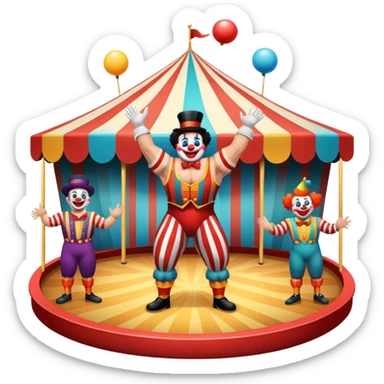 Icon for Circus Arts: a grand vibrant round circus arena with a strongman in a striped costume,  juggler and a clown performing. The icon should convey the excitement and fun of circus performances, with focus on the performers and the colorful setting. Transparent background. sticker