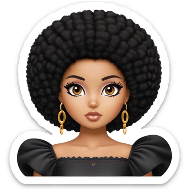 pretty bratz girl, dark black big afro, dark brown eyes, y2k fashion, black eyeliner, deep brown skin sticker