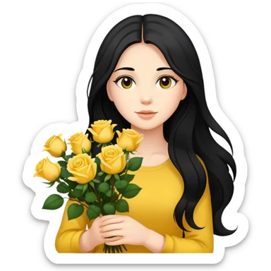 Beautiful girl with long black hair holding a bouquet of yellow roses sticker