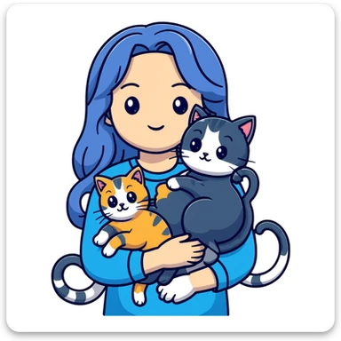 Girl with long wavy blue hair holding three cats, one black cat, one grey cat, and one grey-striped cat sticker