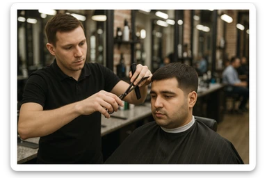 yuzi ko'rinmasin sartaroshxonada ishlayotganini tasvirlab ber mijozlarni sochini olayotganini sticker