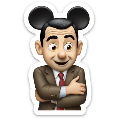 mr bean hugging with mickey mouse sticker