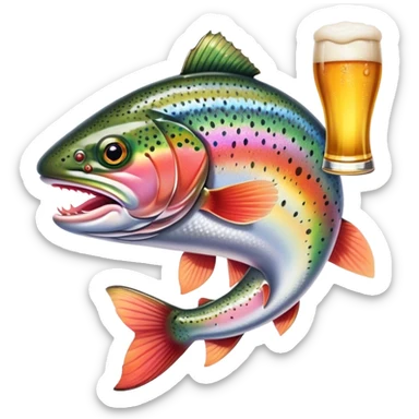 Rainbow trout with arms holding a beer sticker