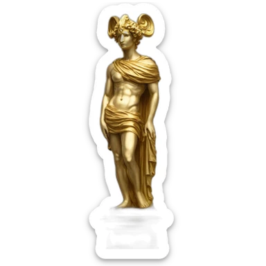 distant view of full length abstract renaissance statue of colorful figure with mask on gold glittering greek style plinth, 4K resolution sticker