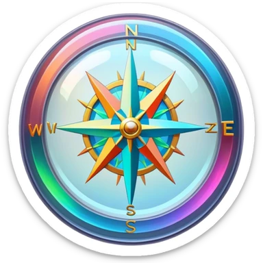A glowing holographic compass with vibrant neon colors, inside a crystal-clear floating sphere sticker