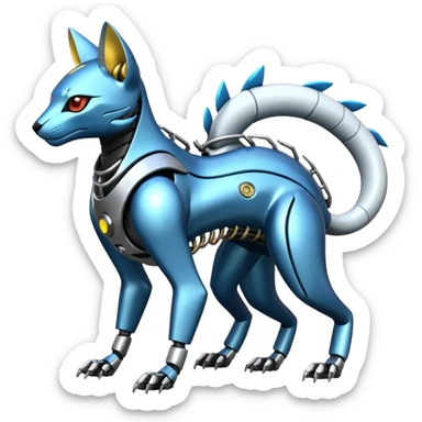 Mechanical shiny alloy metallic futuristic steel highly advanced technological cyborg cybernetic Genet-Absol-Zeraora-Primagen-fusion-creature  sticker