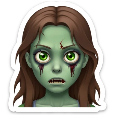 Girl zombie with long brown hair, green skin, black eyes with dark circles, and frightening expression sticker