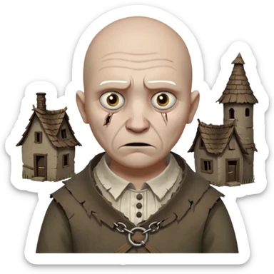 cursed village villager portrait, head and shoulders only, pale skin, torn rustic clothes collar, haunted eyes, eerie atmosphere, 3D cartoon, mobile game icon style, clean background, no text, no watermark

 sticker