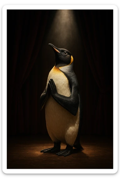 a penguin with dramatic lighting, looking upwards with flippers together in a pleading gesture, praying, theatrical style, stage-like background sticker