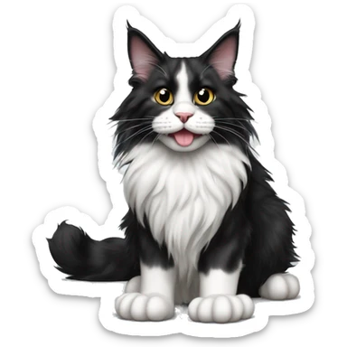 black and white maine coon cat with tongue hanging out and bulging eyes and paws standing on the floor sticker