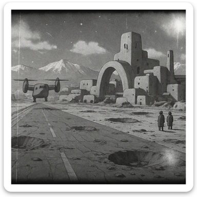 8mm film black and white, no color, light leaks. the image shows post-war reconstruction-era life in the z'rian commonwealth capital region, santa-fe neo-adobe futuristic architechture. arctic temperate region. the image shows a vast airstrip, craters and blast marks sticker