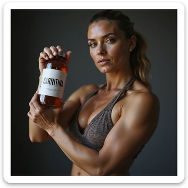 hyperrealistic female bodybuilder, holding a vial with a label 'CARNITINA' in large block letters, realistic details, 4k sticker