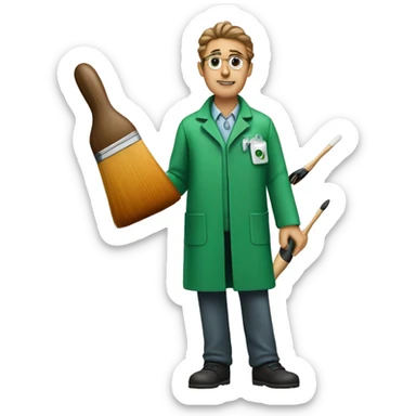 A scientist in a green coat with an artist's brush. sticker