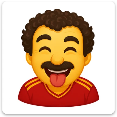 Create a fun emoji-style face based on the character in the reference image. Keep the curly hair, mustache, and red sports shirt with yellow stripes. Make the face expressive and recognizable as a playful emoji, capturing the character's playful personality in an emoji style. sticker