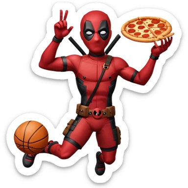 Deadpool and sunglasses playing basketball eating pizza taking a flight sticker