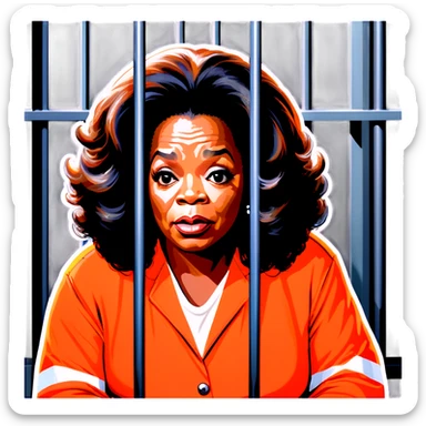 Oprah Winfrey in jail wearing an orange jumpsuit behind bars make her look sad sticker