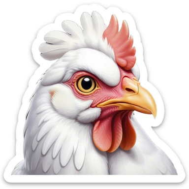 Cinematic Noble White Chicken Portrait Emoji, Poised and regal, with a compact, sturdy build and a pristine, well-groomed pure white plumage, deep-set soulful beady eyes, Simplified yet sharp and sophisticated features, highly detailed, glowing with a soft, dignified glow, high shine, intelligent and alert, stylized with an air of barnyard elegance, focused and attentive, soft glowing outline, capturing the essence of a watchful and confident fowl, so majestic it feels as though it could strut out of the screen with effortless authority! sticker
