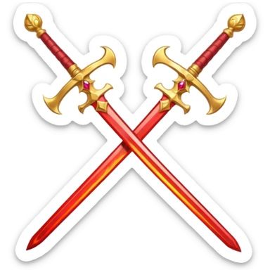 Two crossed swords that are golden in blade and handle and have fiery and royal appearence to them as well as red gem stones sticker