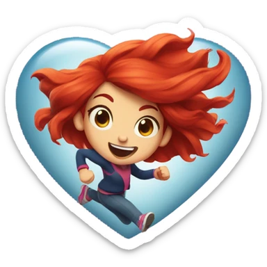 Red haired girl running from heart sticker