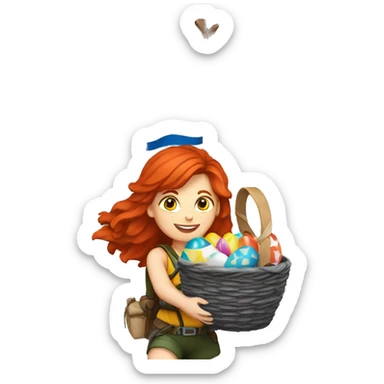 Female mountaineer red hair climbing with the real Greek flag and holding Easter eggs basket sticker