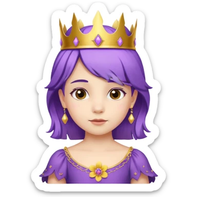 Princesses kid girl, with Gold Crown and flower on purple hair, with white dress sticker