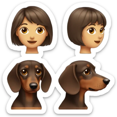 A woman with shoulder length brown hair and bangs. A rough haired dachshund. sticker