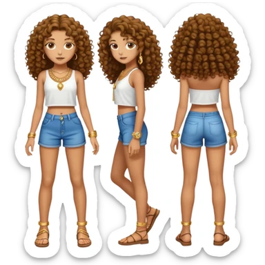 Full body teenage girl with curly brown hair, choni style with gold jewelry sticker