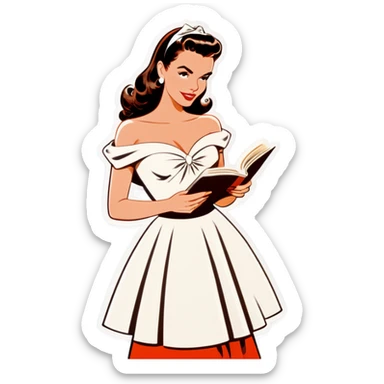 Beautiful woman in 1950’s woman fashion look, off-shoulder white dress, long dark brown hair, reading  sticker