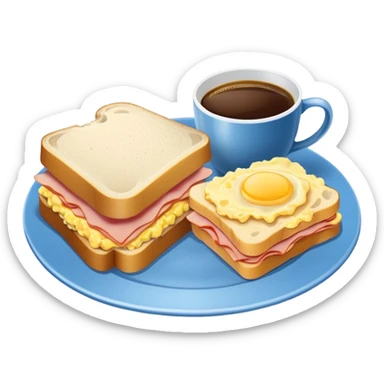 a blue breakfast plate, a sandwich with ham and scrambled eggs and a cup of white coffee sticker