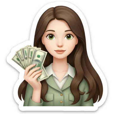 beautiful pale brunette girl with long hair holding a bunxh of money sticker