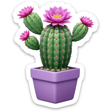 One ceramic pot in pastel violet, square, and tall, containing a flowering cactus. sticker