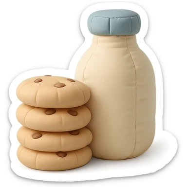 a cushion style stack of cookies next to a bottle of milk, cozy and rounded, pastel colors sticker