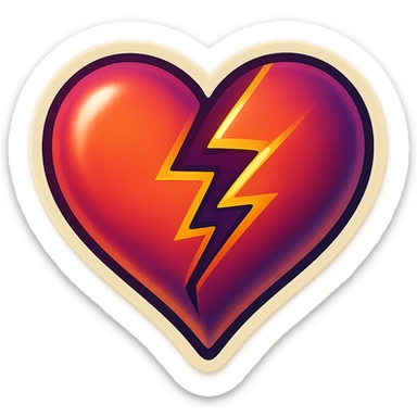 broken heart with lightning-shaped cracks, clear black outlines, sharp shadows and highlights only, no gradients, retro sticker style sticker