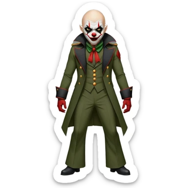 evil clown, bald, small black satan horns on forehead, fangs, pointed ears, eye patch over one eye, long coat over black and military green leisure suit with bellbottom pants, realistically proportioned, less bulky, full body, battle-ready fighting posture sticker