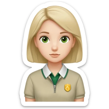 girl in a school uniform wearing a green polo, beige skirt, grey zipper jacket sticker