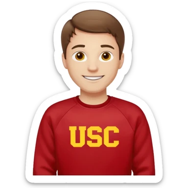 happy pale white man with brown hair in a red sweatshirt with USC in yellow letters sticker