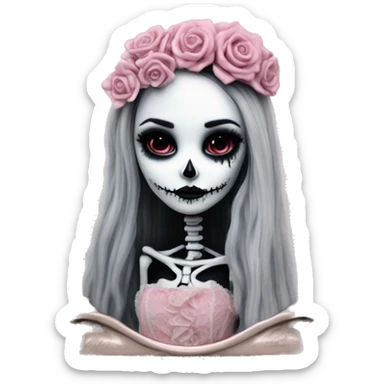 PINK LANDSCAPE PICTURE WITH FRAME: full body, hyper realism, full height skeleton, tim burton "corpse bride", thin porcelain doll with a cracked face, goth makeup, long hair, lace and ruffles, lolita style, inked, black and white, red roses sticker