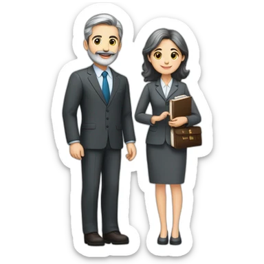 husband classy caucasian 55 dark gray hair trimmed beard wearing business suit and holding bible, with wife asian age 55 dark hair nurse uniform, no children sticker