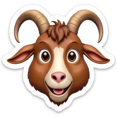 Cinematic Comical Brown Goat Portrait Emoji, Head tilted dramatically with an exaggeratedly amused expression, featuring a sleek brown fur with distinct, quirky curved horns, wide, expressive eyes filled with playful disbelief, Simplified yet hilariously expressive features, highly detailed, glowing with a slightly sassy glow, high shine, dramatic yet playful, stylized with an air of cheeky mischief, bright and endearing, soft glowing outline, capturing the essence of a spirited and over-the-top goat, so meme-worthy it feels like it could side-eye its way into internet fame instantly! sticker