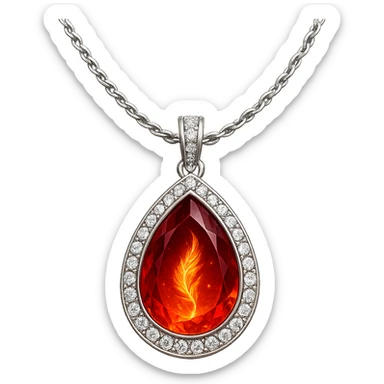 A teardrop ruby pendant with fiery light, a tiny phoenix feather emerging, haloed by shimmering white stones, and a silver chain like liquid moonlight sticker