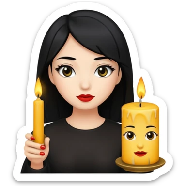 A gurl with black hair make up holding a candle sticker